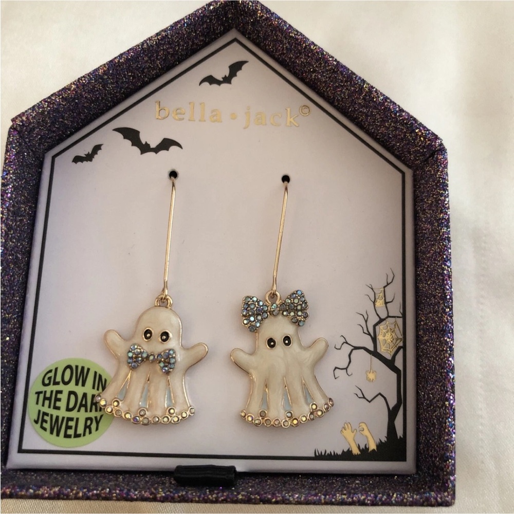 Bella & Jack Gold Tone & White Enamel Mr & Mrs Ghost Mismatch Drop Earrings NIB